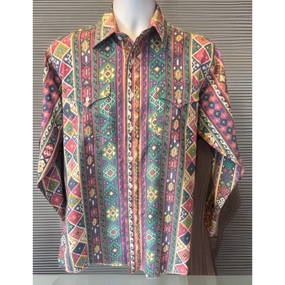 Vintage Panhandle Slim Western Shirt Men's 16 x 33 Medium Cowboy USA Made Aztec